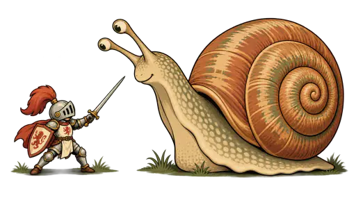 A vintage cartoon illustration of a tiny knight in full armor dueling a giant patient snail, both grounded with soft contact shadows on a transparent background.