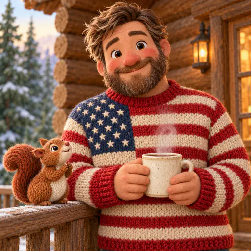 Adult in a chunky knit flag sweater holding a warm mug outside a log cabin porch. Thirteen stripes and a neat canton move with the wearer.