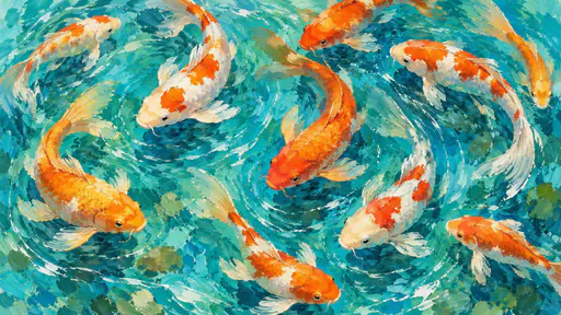 Orange and white koi swim in graceful circles over turquoise water streaked with fine white ripples and swirling blue currents seen from above in loose gouache strokes.