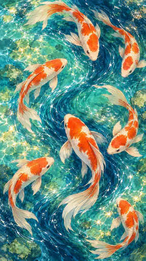 Orange and white koi swim through turquoise water with white ripples and swirling blue currents seen from above in a retro hand drawn animated film still.