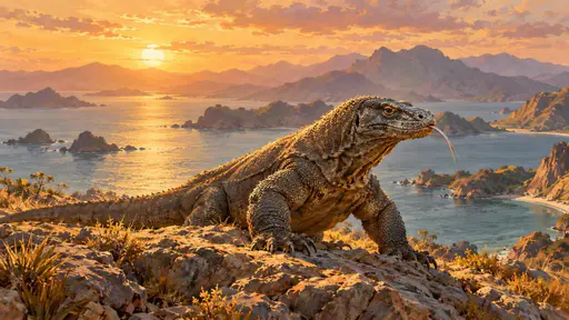 A komodo dragon basks on a rocky shore with a scenic mountain backdrop and calm blue water with scaly grey brown skin and a forked tongue tasting the air.