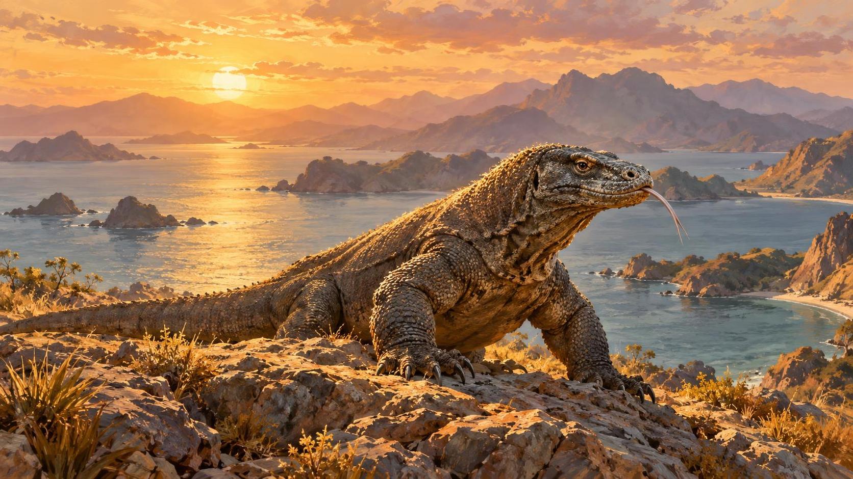 A komodo dragon basks on a rocky shore with a scenic mountain backdrop and calm blue water with scaly grey brown skin and a forked tongue tasting the air.
