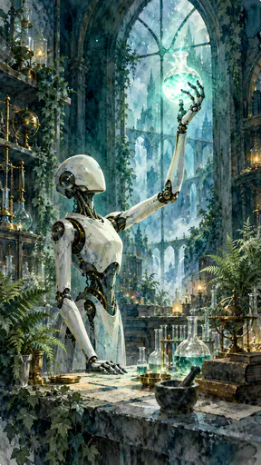A slim laboratory robot with a long articulated arm holds a glowing glass flask up on a stone bench among beakers, tubes, potted ferns and an arched window in luminous watercolor.