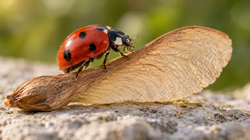 A red seven-spot ladybird with glossy black-spotted wing cases climbs over a dropped winged maple seed lying on a pale stone ledge with its short legs gripping the papery wing, the whole ladybird in side view with a shallow focus plane in warm morning light.