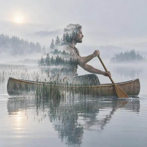 A side-view invented adult paddling a wooden canoe, the silhouette filled with a misty morning lake, reed beds along the lower body and still-water reflections beneath the hull, on a pale mist field.