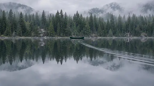A near-perfect lake mirror with a dead-centre seam between a conifer shoreline and its reflection, one small canoe astride the join with its hull and mirrored hull fused into a single shape, and one pale wake crossing the seam under flat overcast light.