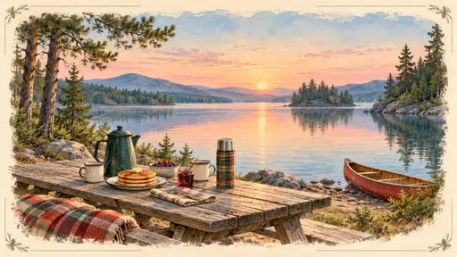 A weathered picnic table at the edge of a still lake holds a coffee pot, pancakes and jam beside a canoe under pines and a pale sunrise in soft watercolor.