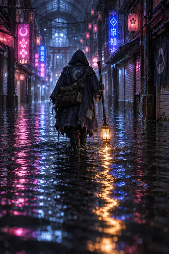 A lone hooded courier wading away through a flooded neon arcade at midnight, her signal-staff dragging a ribbon of amber light across black rain-streaked water.