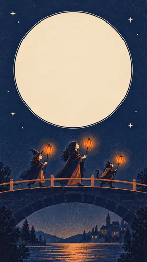 Risograph halloween poster background: three small figures walk glowing pumpkin lanterns across a low arched bridge spanning the bottom third, beneath a large empty round moon left clear as a headline copy field; warm cream paper with burnt orange and deep navy flat inks, mild misregistration, no lettering anywhere.