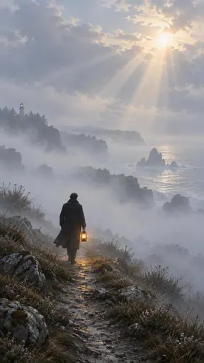 A lone figure with a glowing lantern walks a shore path through sea mist, pale morning light beams crossing the haze above.