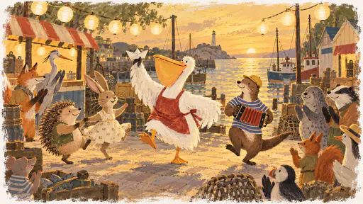 At dusk strings of plain paper lanterns glow along the quay as a crowd of harbour animals dance and clap in a circle with a round white pelican in a red apron twirling in the middle holding a paper boat high and a sleek otter in a blue jersey playing a small concertina.