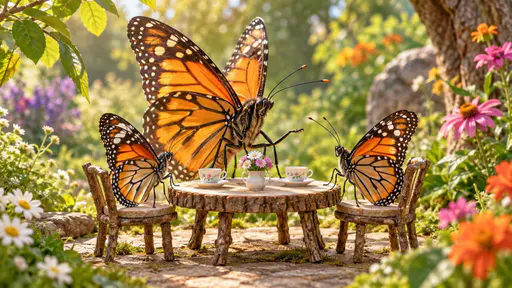 Social butterfly: a large butterfly leans forward to greet two smaller butterflies seated around a tiny garden cafe table with miniature cups, wings half-open in welcome, soft afternoon light over leaves and blooms, every surface blank and unlettered.