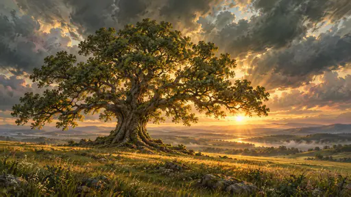A large spreading oak tree in a field under a cloudy sky.