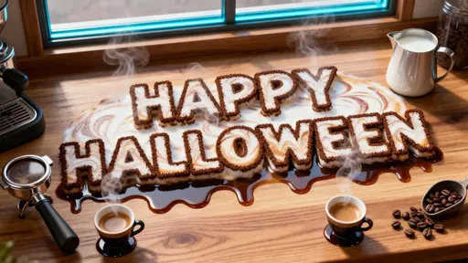 A photoreal 16:9 vignette of "HAPPY HALLOWEEN" in marbled latte-foam with cocoa-stencil edges and glossy espresso shadows on a warm-walnut counter, cool-blue window rim and soft ivory steam crossing the letters.