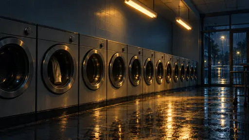 A deserted laundromat at night with a long row of identical unbranded washing machines and a wet reflective floor. Through the round glass of one machine at the left hangs a single pale shirt sleeve, limp inside the dark unlit drum, every other porthole empty. Warm amber ceiling pools contrast the cool blue-grey room; the plain wall above the machines is kept clear as copy space. Original haunted laundromat Halloween background, cinematic photographic style, no people.
