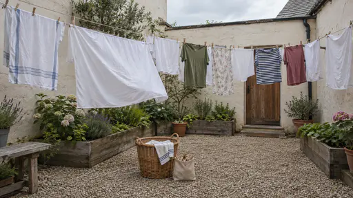 White sheets, towels and a few colourful shirts hang on three washing lines strung wall to wall across a small plaster courtyard with a wicker basket and a peg bag on the gravel in bright mid-morning light.