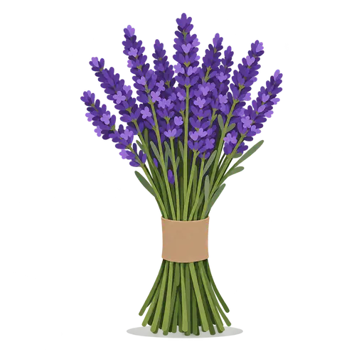 A small bundle of cut lavender stems with purple flower spikes tied with a plain blank kraft paper band, on a transparent background.