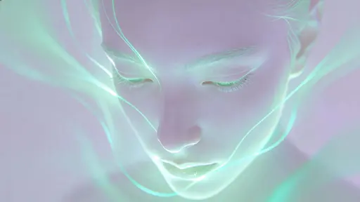 A pale lavender face wrapped in flowing contour lines glowing mint green and soft aqua that drift gently from forehead to chin, centered in a 16:9 frame with a minimal desaturated background.