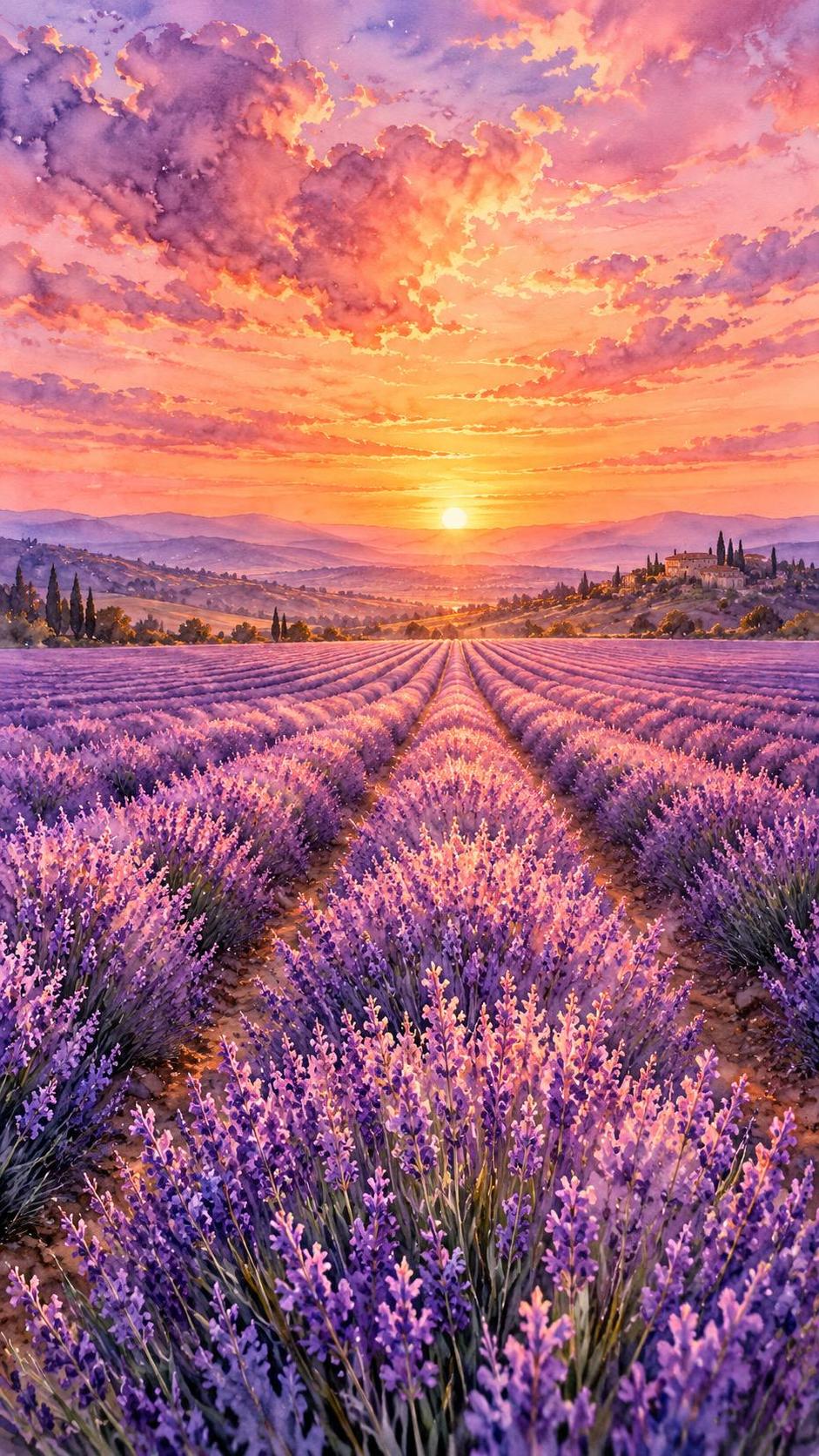 A vibrant sunset glows over rows of blooming lavender with purple flowers in the foreground and a glowing orange and pink sky with soft clouds above.