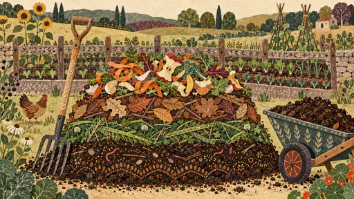 A layered compost heap built from folk patterned patchwork bands of scraps, leaves, grass and dark compost stands beside a pitchfork and a wheelbarrow with seedlings behind a garden fence.