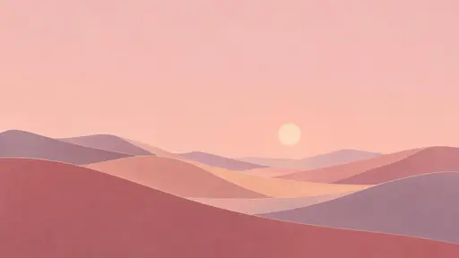 A wide wallpaper of layered flat dune planes in dusty rose, pale peach and muted lavender with fine light lines under a small pale sun in a vast empty blush sky.