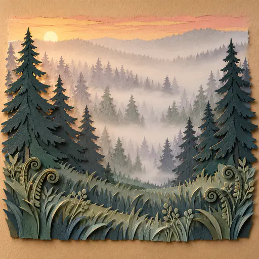 Dark paper pines and a stacked grass meadow stand at a forest edge while pale translucent paper layers recede into fog under a coral sky strip.
