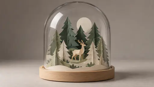 A layered woodland of cut paper pine trees in green and cream with a small paper deer between the middle rows and a paper moon behind sits inside a clear round glass dome on a pale wooden base.
