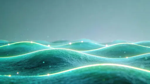 A low-angle panoramic field of layered turquoise and jade waves with thin glowing outlines and drifting particles, crisp foreground textures, and a muted cool background with empty top third.