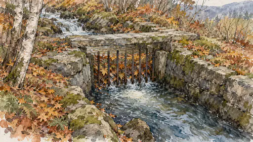 A loose watercolor and ink sketch of a mountain stream running into a stone intake channel, a row of upright iron bars stopping a pile of autumn leaves while water flows between them, a stone slab bridge above, birch trunks at the left and moss-covered boulders.