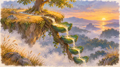 A small stream spills over the edge of a floating island and falls along a hanging trunk into a series of large green leaf cups tied one below another with cord, the top cup brimming and spilling into the next in glittering golden light with mist below.