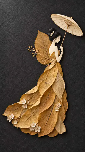 An elegant woman with a white parasol emerges from layered golden leaves and delicate paper on charcoal felt, lit to reveal fine veins and edges.