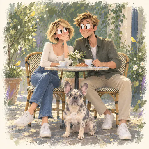 Painterly wash illustration framed by a cream vignette of a couple and a French bulldog at a café table among leaves and yellow birds