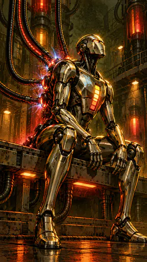 A lean humanoid robot with a chrome chest plate sits on a metal charging bench with cables plugged along its spine and a glowing charge bar in a dim dock.