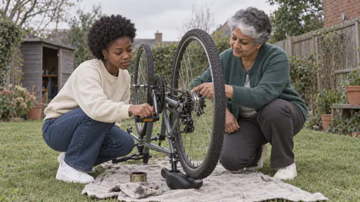 A young woman with a short natural afro and a South Asian woman with short silver-grey hair and a white streak crouch on either side of an upturned bicycle on a spread cloth on a garden lawn checking the chain together with a small tin of oil and a rag beside them under an overcast sky.