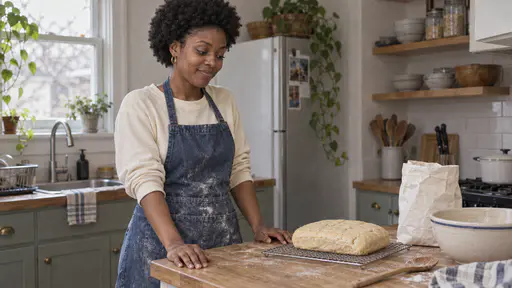 A young woman with a short natural afro and a small gold nose stud in a flour-dusted denim apron stands at a bright kitchen counter with her hands flat on its edge looking wryly at a flat dense pale loaf on a wire cooling rack.