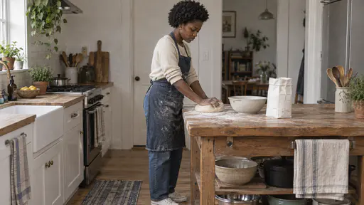 A young woman with a short natural afro and a small gold nose stud in a flour-dusted denim apron kneads a ball of dough with both hands at a floured wooden counter in a bright home kitchen with a bowl and a bag of flour beside her.