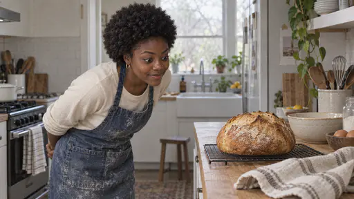 A young woman with a short natural afro and a small gold nose stud in a flour-dusted denim apron leans forward with her hands clasped behind her back and eager wide eyes toward a tall golden-crusted round loaf cooling on a wire rack in a bright kitchen.