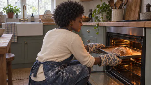 A young woman with a short natural afro in a flour-dusted denim apron and thick patterned oven gloves crouches beside an open home oven sliding in a tray with a round shaped loaf, her profile lit by the orange glow of the oven.