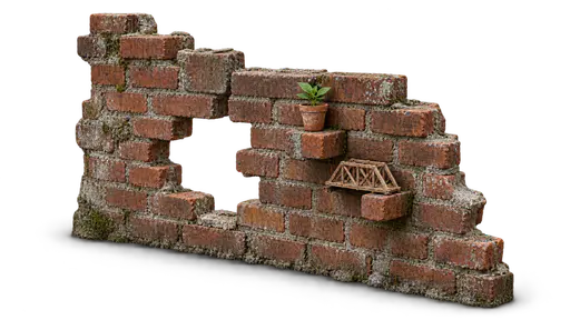 A fragment of weathered red-brick wall where two bricks have been pulled out and turned sideways into small ledges, one holding a potted seedling and the other a miniature wooden bridge, with an open gap breaking through the masonry behind them. Learning turns walls into shelves: understanding converts an obstacle into a useful resource.