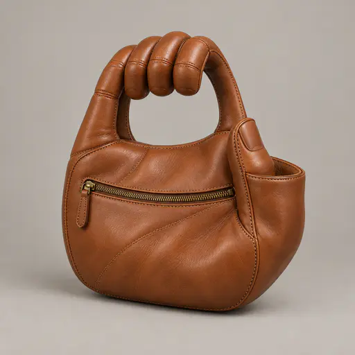 Fashion product photograph of a cognac-brown leather handbag shaped like a curled human hand, four fingers arching into the top handle, thumb forming a side pocket and palm holding a brass-zipped compartment, on a seamless warm-grey studio backdrop.