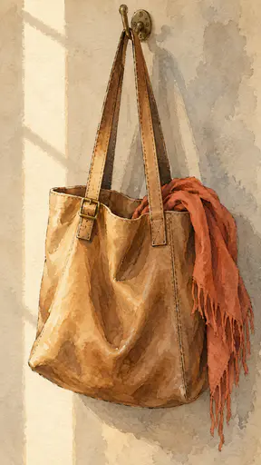 A leather tote bag with long stitched handles and a brass buckle hangs from a wall hook with a terracotta scarf spilling out in ink and watercolor.