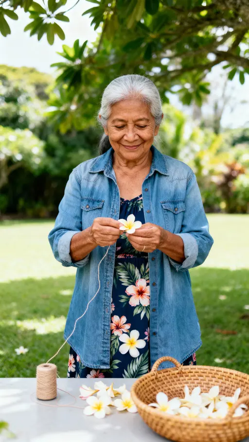 Leilani, a Native Hawaiian grandmother in her early 70s, strings white-pink-yellow plumeria on a shaded Hilo lawn, wearing a denim overshirt and floral dress, warm tan skin, woven basket and scattered petals in soft, airy focus.