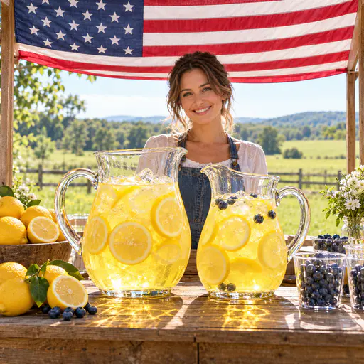 Adult run lemonade stand wearing a flag awning over pitchers of lemonade in bright sun. Thirteen stripes and a neat canton join the party.