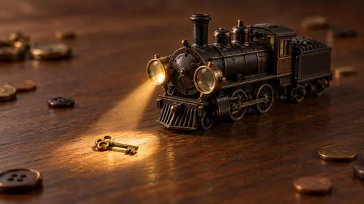 Search engine: a tiny black steam locomotive with two brass magnifying-glass headlights rolls across a blurred walnut desktop, its warm focused beam landing on a small brass key lying just ahead of the front wheels.