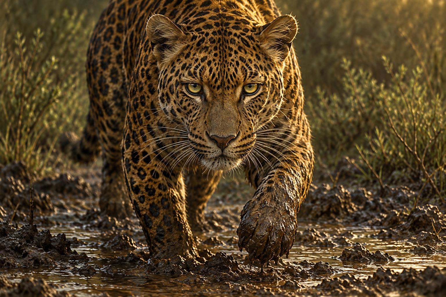 A leopard walking toward the viewer through mud.