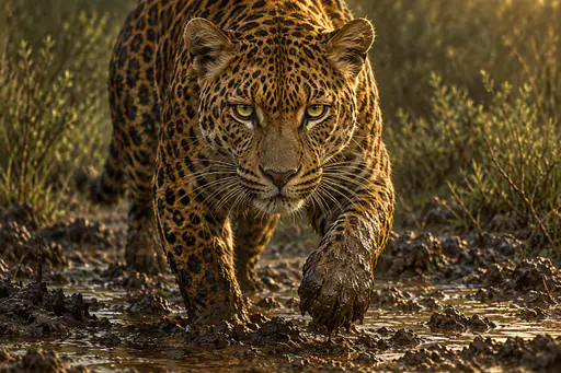 A leopard walking toward the viewer through mud.