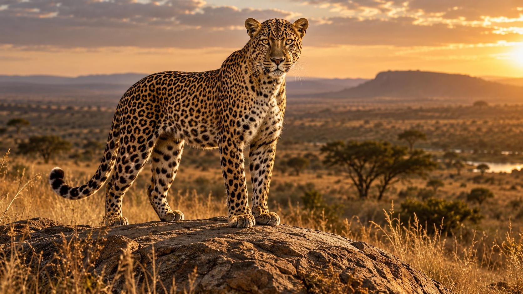 A leopard stands tall on a sun warmed rock in the savanna with a golden spotted coat and intense amber eyes looking straight ahead among tall dry grass.