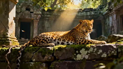 A sleek leopard reclines across mossy ancient stone ruins beneath a dense jungle canopy as shafts of warm sunlight slice through leaves to gild its fur and the surrounding mossy stones.