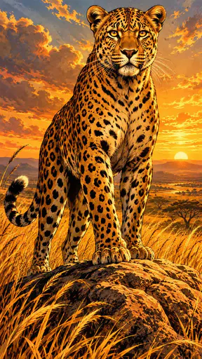 A leopard stands tall on a sun warmed rock in the savanna with a golden spotted coat and intense amber eyes looking straight ahead among tall dry grass.