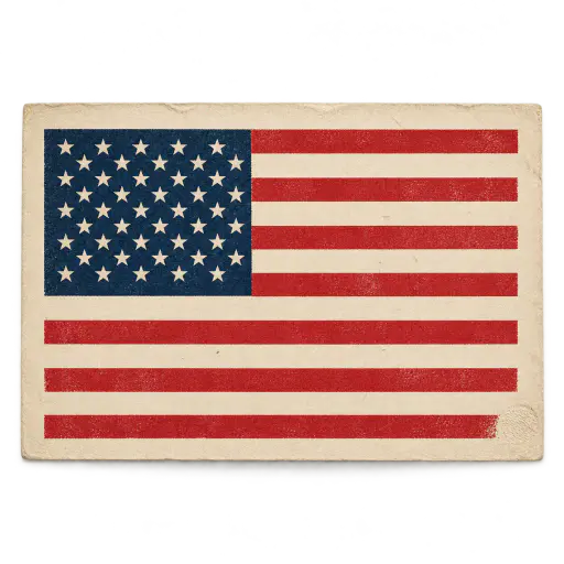 Letterpress print of thirteen red stripe bars under a deep blue star canton block. Thirteen stripes and a starry canton print neat.